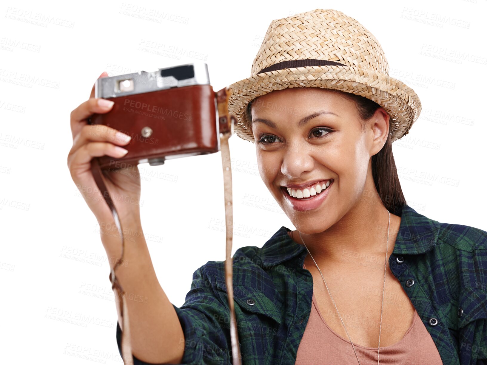 Buy stock photo Selfie, face and woman with retro camera for holiday photographer isolated on transparent png background. Travel, memory and happy girl on vacation with vintage style photography, smile and straw hat