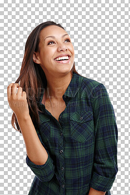 Buy stock photo Indian woman, fashion or happy in trendy shirt for thinking or creative idea in casual clothes. Student, positive and memory or excited for classic trend and isolated on transparent png background