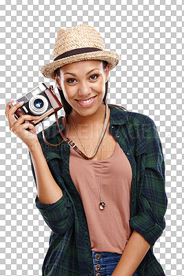 Buy stock photo Woman, camera and photography with smile in portrait, influencer or photographer on png transparent background. Retro technology, gadget and happy with content creation for memory, lens and creative