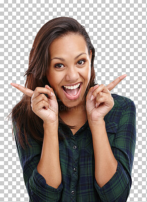 Buy stock photo Woman, portrait and excited pointing for announcement or review for deal or direction, checklist or feedback. Female person, hands and isolated transparent png background, promotion or information