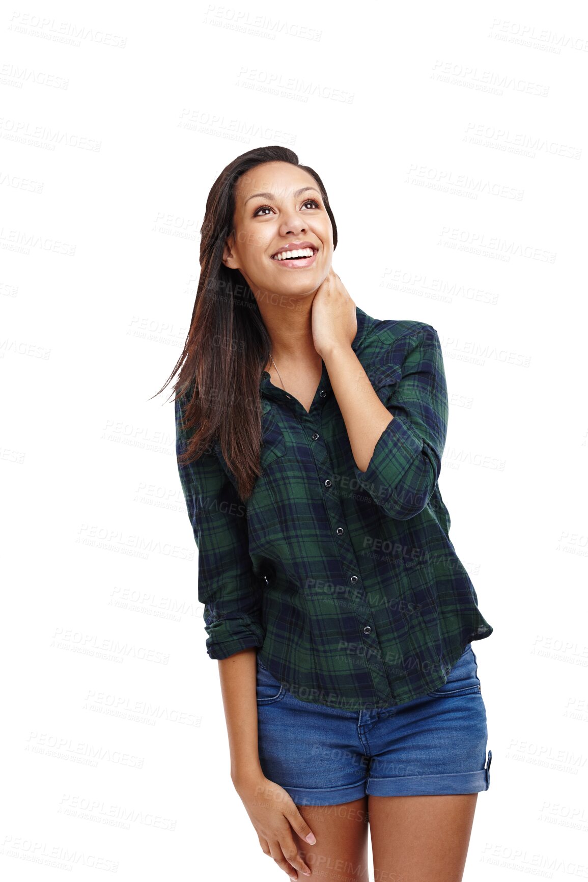 Buy stock photo Woman, fashion and happy with style in clothes on smart look, satisfied with outfit on isolated transparent png background. Streetwear, trends and stylish in positivity, smile and chic dress code 