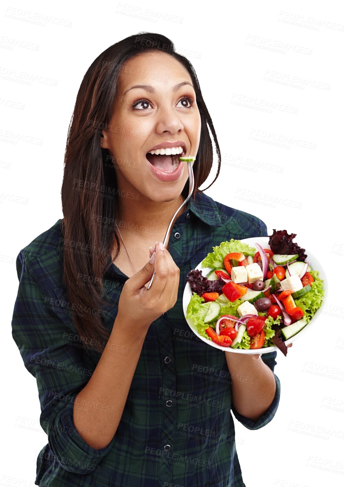 Buy stock photo Woman, salad and eating with healthy food for diet, wellness and nutrition with vegetables. Happy, smile and lose weight with a female person for health isolated on a transparent, png background