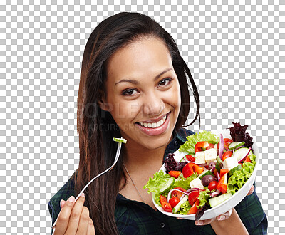 Buy stock photo Woman, salad and portrait with healthy food for vegan diet, wellness and nutrition with vegetables. Happy, smile and lose weight with a person and health isolated on a transparent, png background