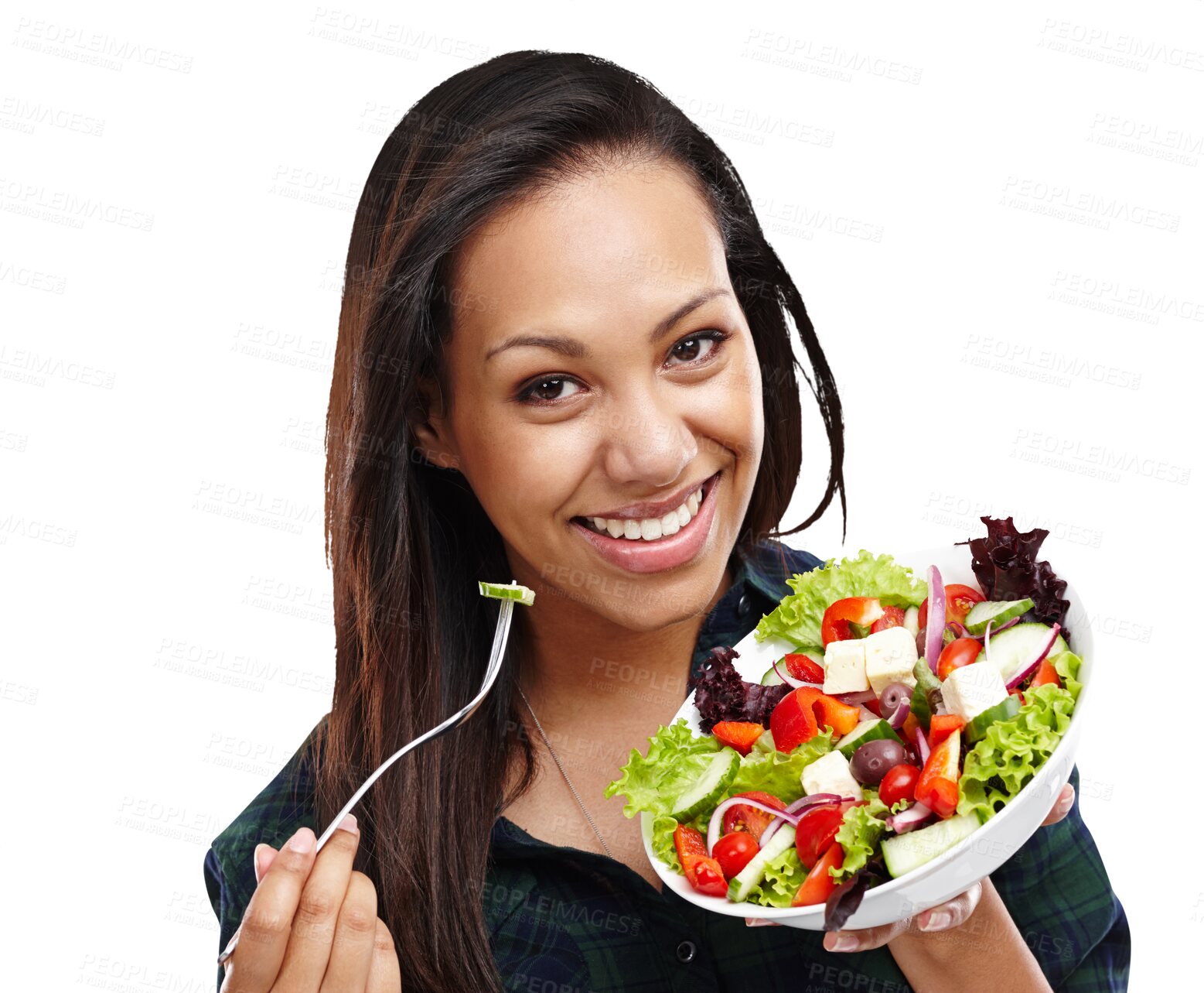 Buy stock photo Woman, salad and portrait with healthy food for vegan diet, wellness and nutrition with vegetables. Happy, smile and lose weight with a person and health isolated on a transparent, png background