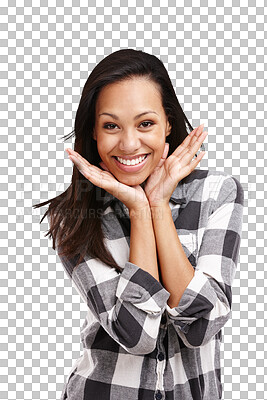 Buy stock photo Portrait, smile and fashion with excited woman isolated on transparent background in casual clothing. Face, happy and style with confident young model in chic, relaxed or trendy clothes outfit on PNG
