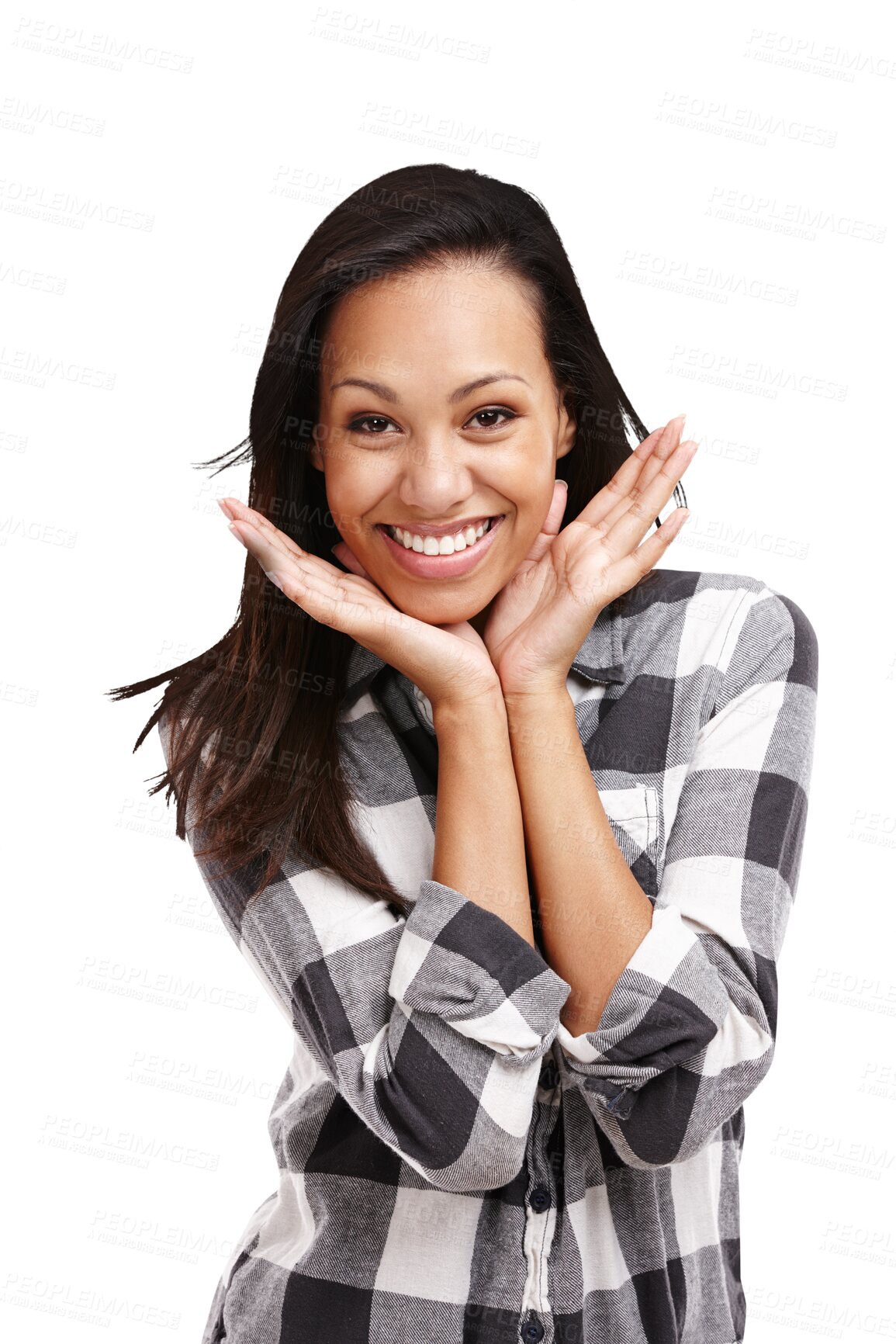 Buy stock photo Portrait, smile and fashion with excited woman isolated on transparent background in casual clothing. Face, happy and style with confident young model in chic, relaxed or trendy clothes outfit on PNG