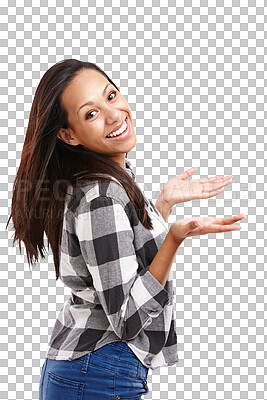 Buy stock photo Smile, choice and portrait of woman with decision, doubt or unsure hand gesture for positive attitude. Happy, excited and female person with compare expression isolated by transparent png background.
