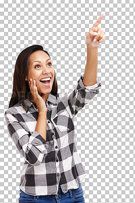 Buy stock photo Woman, excited and pointing or announcement message as feedback, review or direction. Female person, hands and sign up or checklist as isolated transparent png background, promotion or information