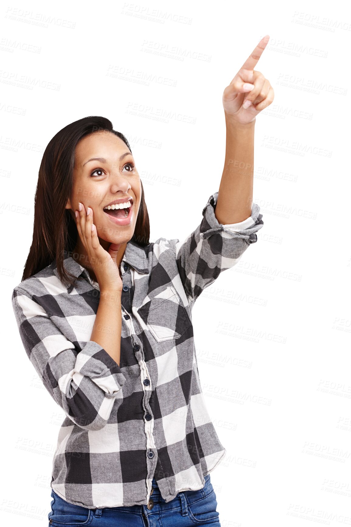 Buy stock photo Woman, excited and pointing or announcement message as feedback, review or direction. Female person, hands and sign up or checklist as isolated transparent png background, promotion or information