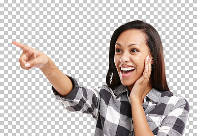 Buy stock photo Woman, pointing with smile and direction, surprise for news or information on png transparent background. Advertising, show or display with promo, wow face for announcement or offer with view