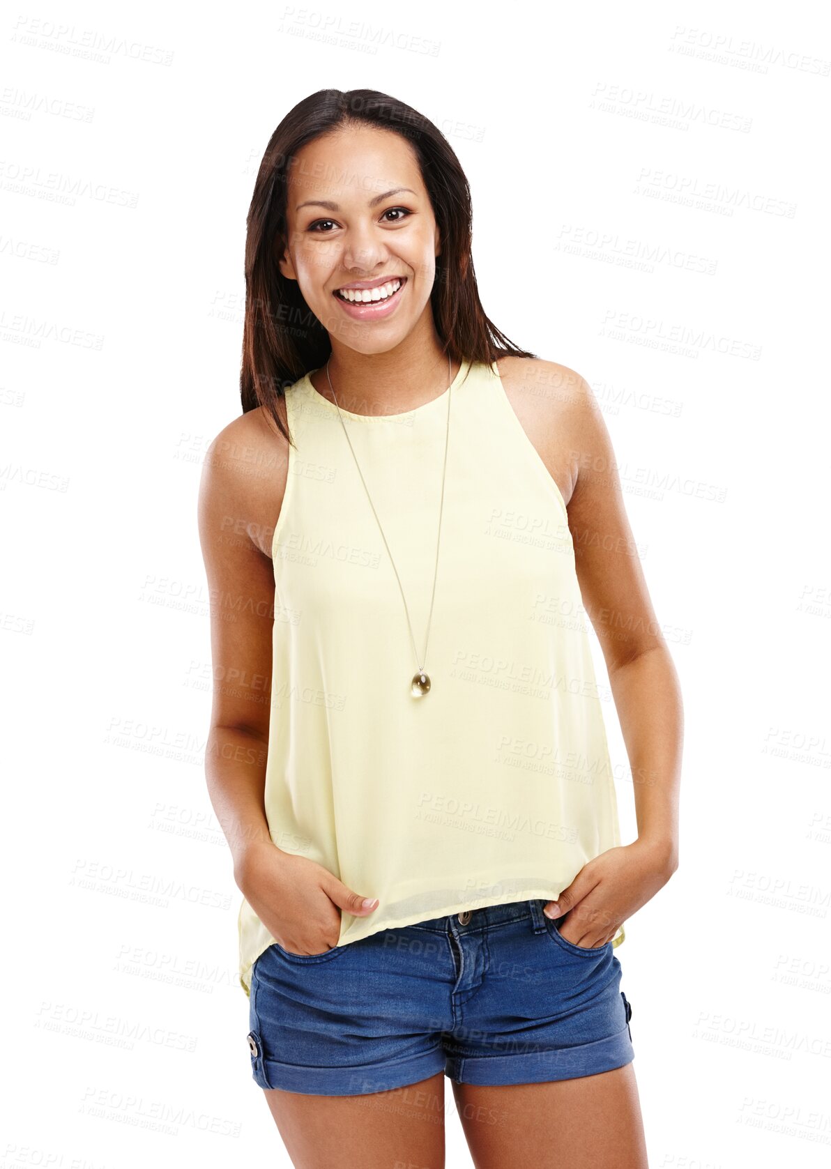 Buy stock photo Portrait, smile and fashion with chic woman isolated on transparent background in trendy clothing. Happy, style and casual shorts with confident young model in relaxed tank top outfit on PNG