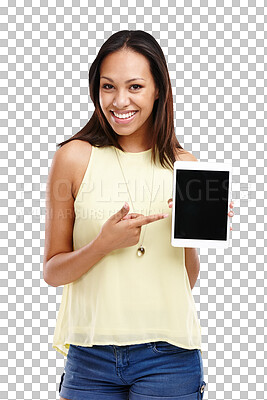 Buy stock photo Woman, pointing at tablet and mockup for advertising technology and app on png transparent background. Smile for website ads, internet and marketing with screen, UX and digital information or news