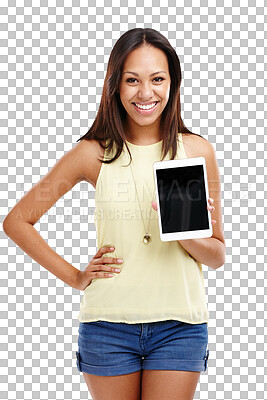 Buy stock photo Woman, tablet and mockup for advertising technology and app with IOT on png transparent background. Smile for website ads, internet and marketing with screen, UX and digital information or news