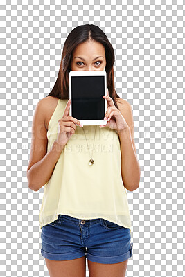 Buy stock photo Woman, tablet mockup and advertising technology for app, IOT and display on png transparent background. Isolated for website ads, internet or marketing with screen, UX and digital information or news