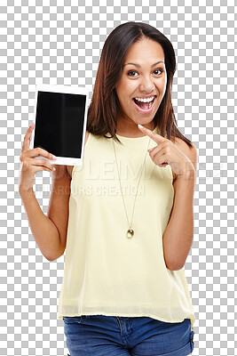 Buy stock photo Woman, point at tablet mockup and advertising tech for app with IOT on png transparent background. Portrait for website ads, internet and marketing with screen, UX and digital information or news