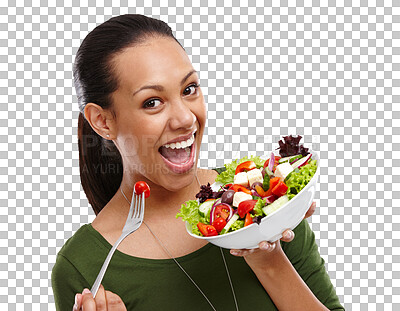 Buy stock photo Woman, salad and portrait with healthy food for diet, wellness and nutrition with vegetables. Happy, smile and lose weight with a female person for health isolated on a transparent, png background
