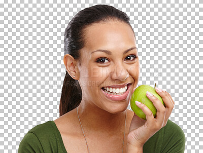Buy stock photo Isolated woman, apple and smile in portrait for diet, nutrition or choice by transparent png background. Girl, person and happy with green fruit for detox, health or pride with vegan food in Mexico