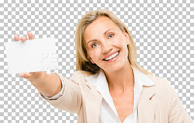 Buy stock photo Happy, portrait and woman with business card mockup for marketing, promotion or advertising. Smile, excited and professional female person with empty space paper by transparent png background.