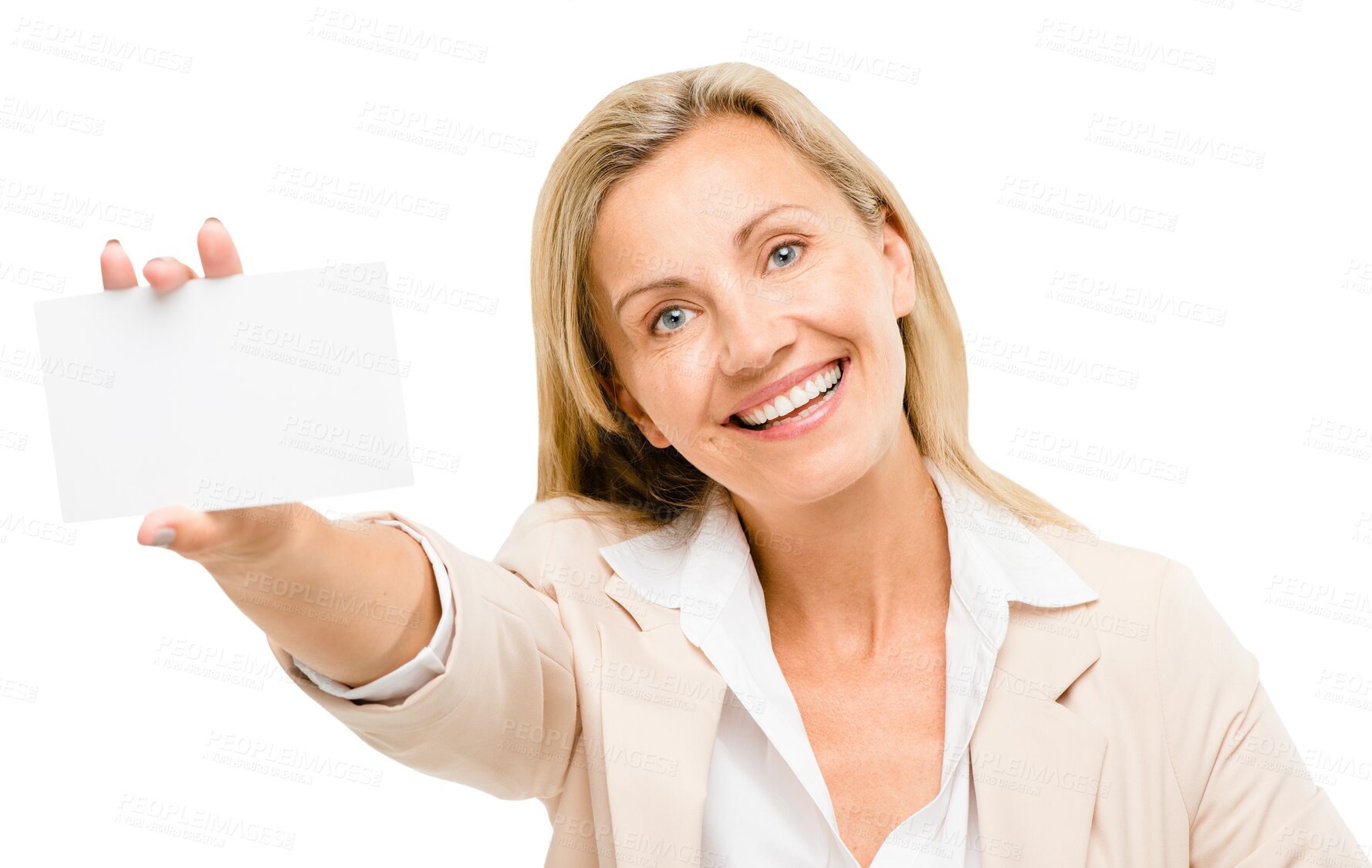 Buy stock photo Happy, portrait and woman with business card mockup for marketing, promotion or advertising. Smile, excited and professional female person with empty space paper by transparent png background.