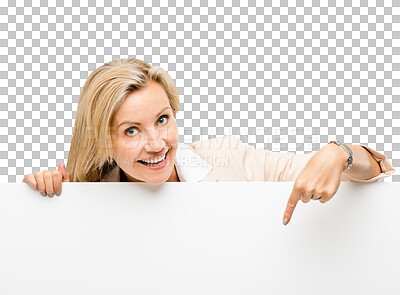 Buy stock photo Happy, portrait and business woman with poster for marketing, promotion or advertising mockup. Smile, pointing and professional female person with empty space billboard by transparent png background.