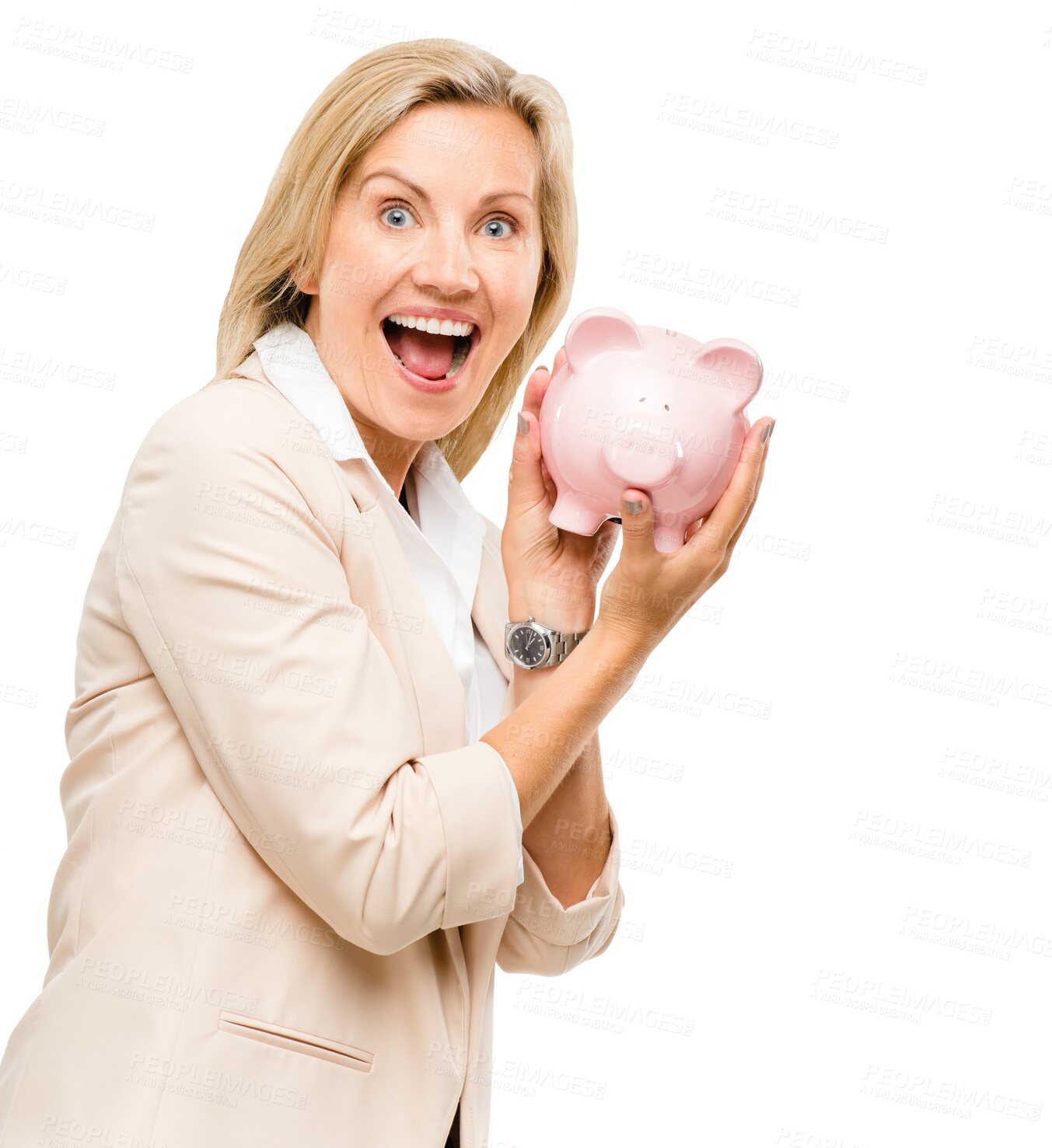 Buy stock photo Happy woman, surprise and piggy bank with money, savings or investment for future. Portrait of businesswoman with money box for wow, budget or finance isolated on a transparent, png background