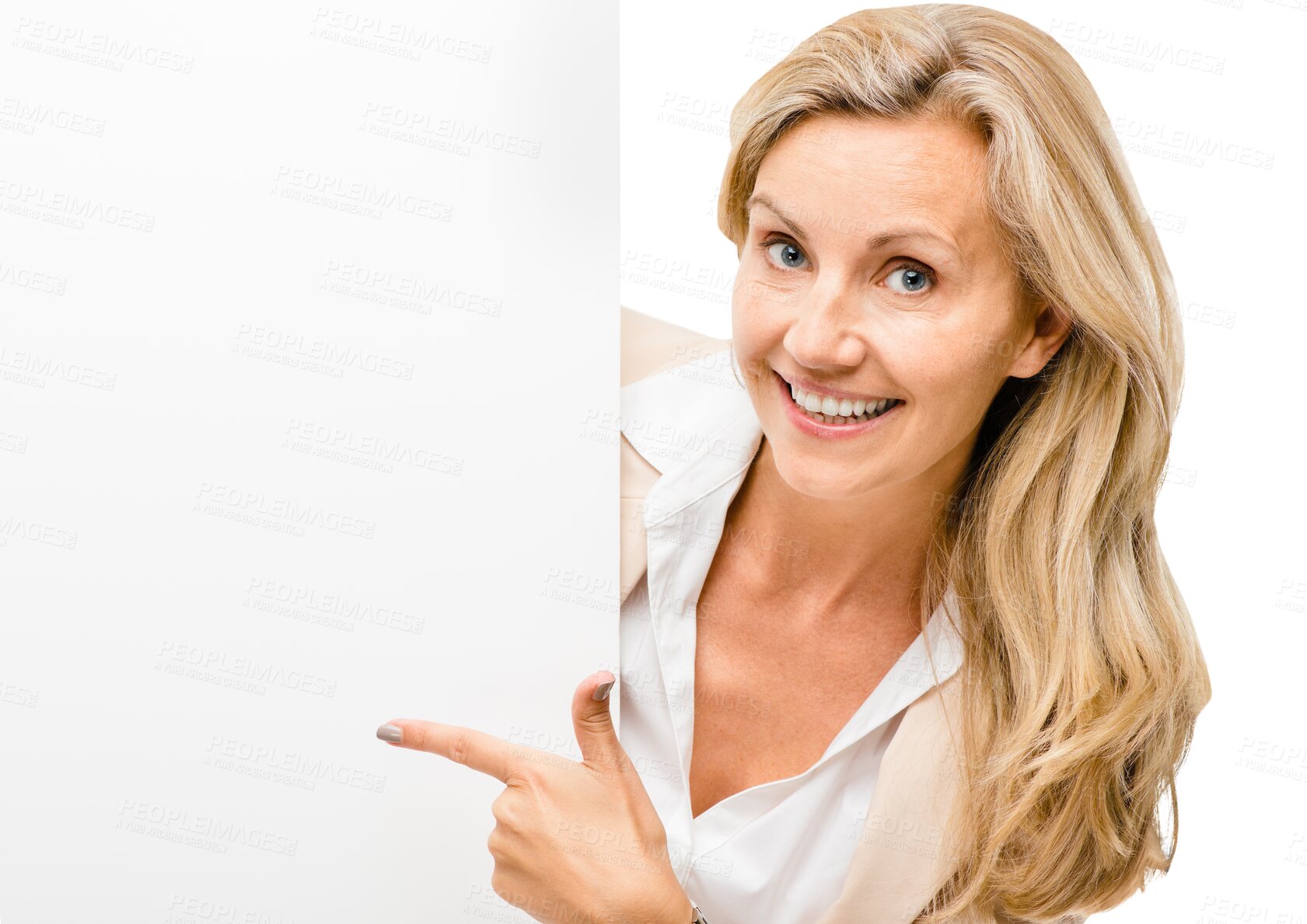 Buy stock photo Smile, portrait and business woman with banner for marketing, promotion or advertising mockup. Happy, pointing and professional female person with empty space poster by transparent png background.
