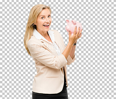 Buy stock photo Mature woman, happy and piggy bank for money with savings and investment on isolated transparent png background. Excited, satisfied and profit with coins, paper notes and cash with budget for trip. 