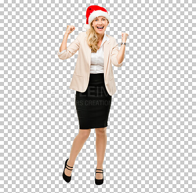 Buy stock photo Portrait, success and business woman at Christmas party isolated on transparent background for celebration. Smile, winner and happy with excited young employee cheering on PNG for December holiday