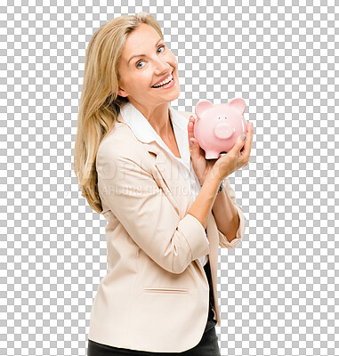 Buy stock photo Mature woman, excited and piggy bank for cash with savings and investment on isolated transparent png background. Happy, satisfied and profit with coins, paper notes and money with budget for travel.