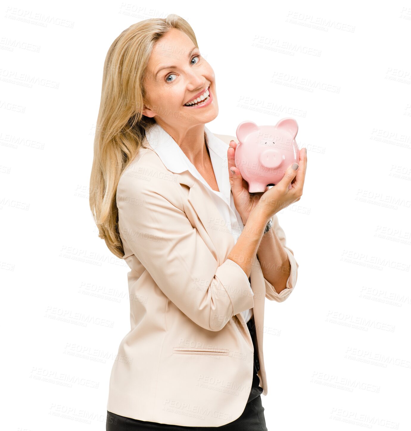 Buy stock photo Mature woman, excited and piggy bank for cash with savings and investment on isolated transparent png background. Happy, satisfied and profit with coins, paper notes and money with budget for travel.