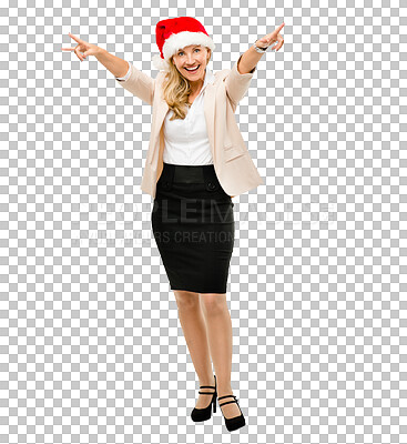 Buy stock photo Portrait, smile and business woman at Christmas party isolated on transparent background for celebration. Success, winner and happy with excited young employee cheering on PNG for December holiday