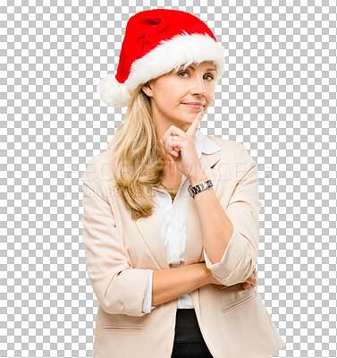 Buy stock photo Thinking, portrait and woman in business on Christmas with question on transparent, isolated or png background. Professional, planning and person remember ideas or decision for festive event