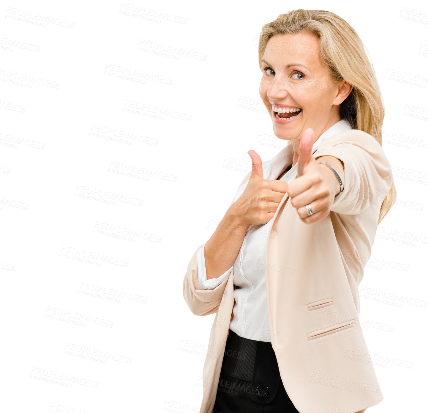 Buy stock photo Excited businesswoman, portrait or thumbs up for success isolated on transparent png background. Smile, goals or happy manager with hand gesture, yes sign or like for approval, agreement and good job