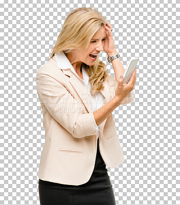 Buy stock photo Stress, angry and business woman with phone screaming for bad news on email, website or internet. Upset, shout and professional person with crazy expression on cellphone by transparent png background