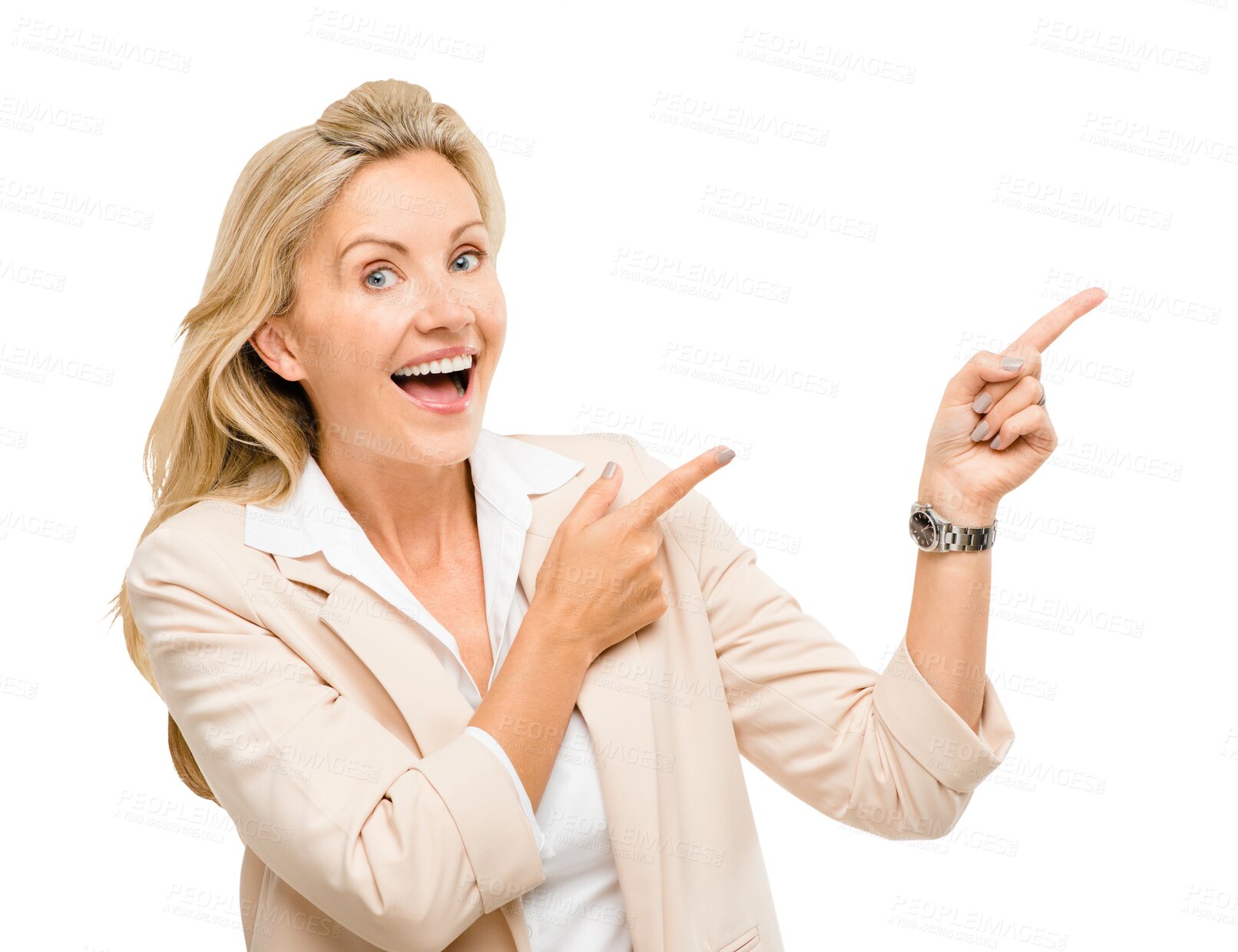 Buy stock photo Portrait of businesswoman, excited or pointing for offer or promo deal isolated on png background. Transparent, lady or happy mature person with smile for advertising, marketing or sale presentation 