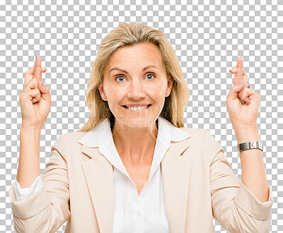 Buy stock photo Portrait, hope and fingers crossed with business woman isolated on transparent background for superstition. Face, hands and wish for luck with mature professional employee on PNG for good fortune