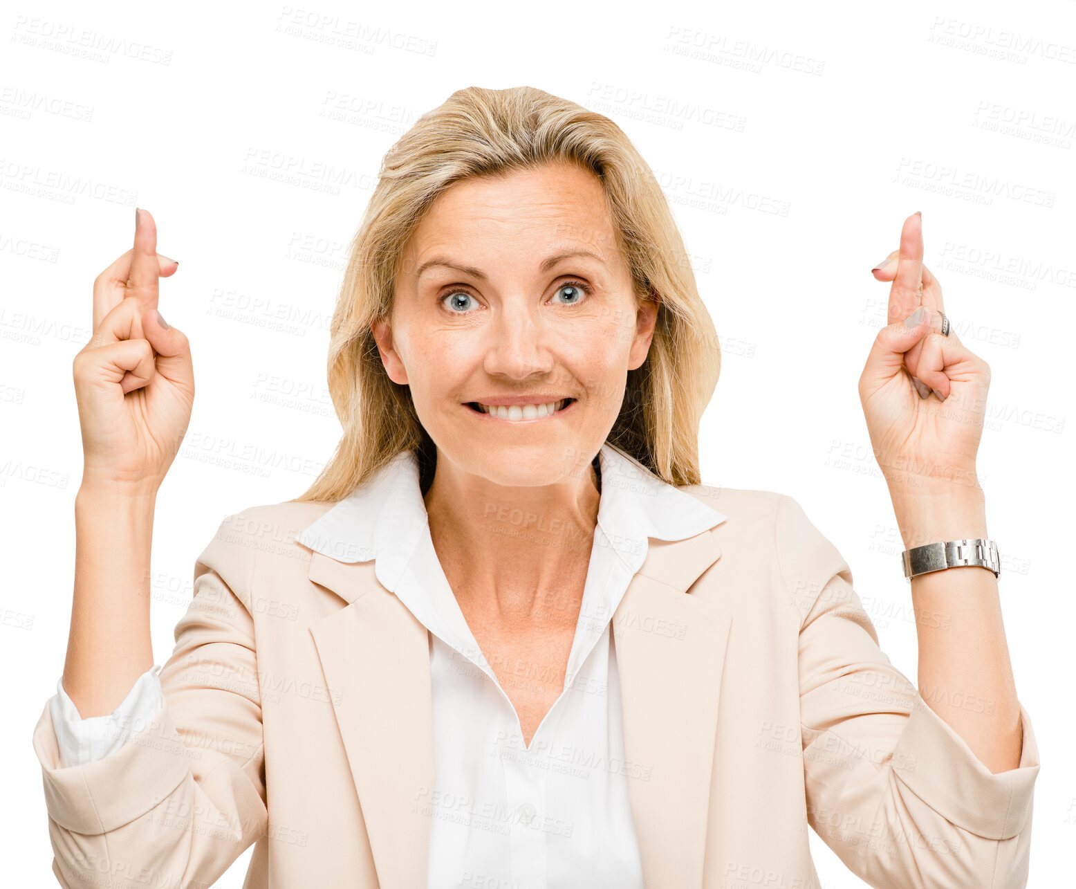 Buy stock photo Portrait, hope and fingers crossed with business woman isolated on transparent background for superstition. Face, hands and wish for luck with mature professional employee on PNG for good fortune