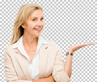 Buy stock photo Happy businesswoman, portrait and hand palm for offer or promo deal isolated on png background. Transparent, smile or mature person with gesture for advertising, marketing or sale presentation