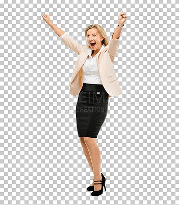 Buy stock photo Business, woman and happy celebration for winning or success on transparent, isolated or png background. Excited, energy and person with bonus, achievement or cheering with fist for promotion