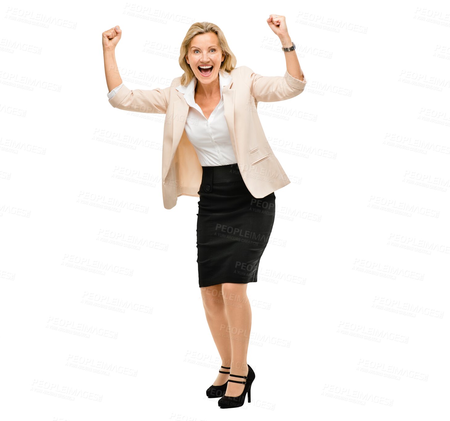 Buy stock photo Business, woman and portrait of celebration for winning or success on transparent, isolated or png background. Excited, energy and person with bonus, achievement or cheering with fist for promotion