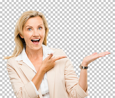 Buy stock photo Portrait of businesswoman, surprise and palm for offer or promo deal isolated on png background. Transparent, excited or mature person with hand or wow for advertising, marketing or sale presentation