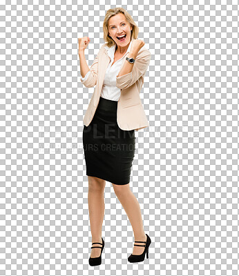 Buy stock photo Businesswoman, portrait and celebration for achievement for promotion, victory or isolated transparent png background. Female person, fist and career bonus or winner congratulations, wow or giveaway