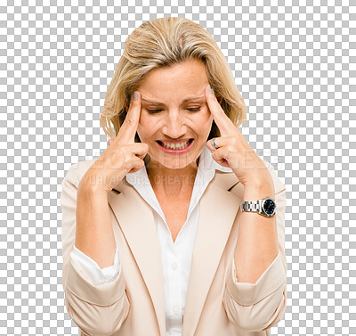 Buy stock photo Stress, headache and mature woman with anxiety, worry and mental health crisis. Depression, fear and scared female confused with mistake or migraine isolated on a transparent, png background