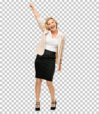 Buy stock photo Business, woman and portrait of celebration for success or winning on transparent, isolated or png background. Excited, energy and person with bonus, achievement or cheering with fist for promotion