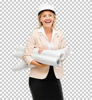 Buy stock photo Woman, portrait and architect with blueprints for construction project, renovation or maintenance. Female person, hard hat and isolated transparent png background for development, plans or building