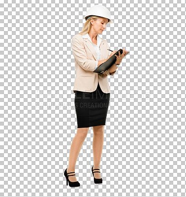 Buy stock photo Woman, engineer and construction inspection with paperwork for safety maintenance, building or checklist. Female person, document and isolated transparent png background, renovation or development