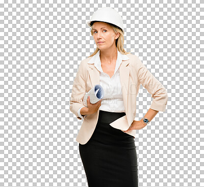 Buy stock photo Woman, architect and blueprint or construction inspection for site safety or engineering, building or maintenance. Female person, hard hat and isolated transparent png background, remodel or thinking