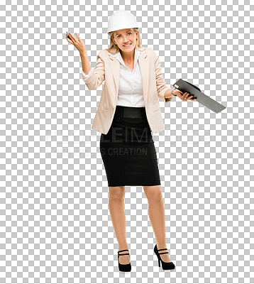 Buy stock photo Woman, engineer and shrug at construction project with architect paperwork for problem solving, solution or unsure. Female person, hands and isolated transparent png background, contractor or site