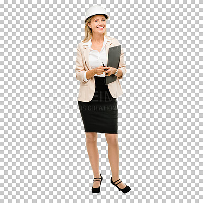 Buy stock photo Woman, portrait and architect with paperwork for building construction inspection, engineering or development. Female person, hardhat and isolated transparent png background, contractor or renovation