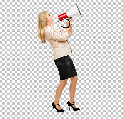Buy stock photo Businesswoman, megaphone and shout or announcement message for audio speech, promotion or broadcast. Female person, speaker and scream news or isolated transparent png background, deal or information